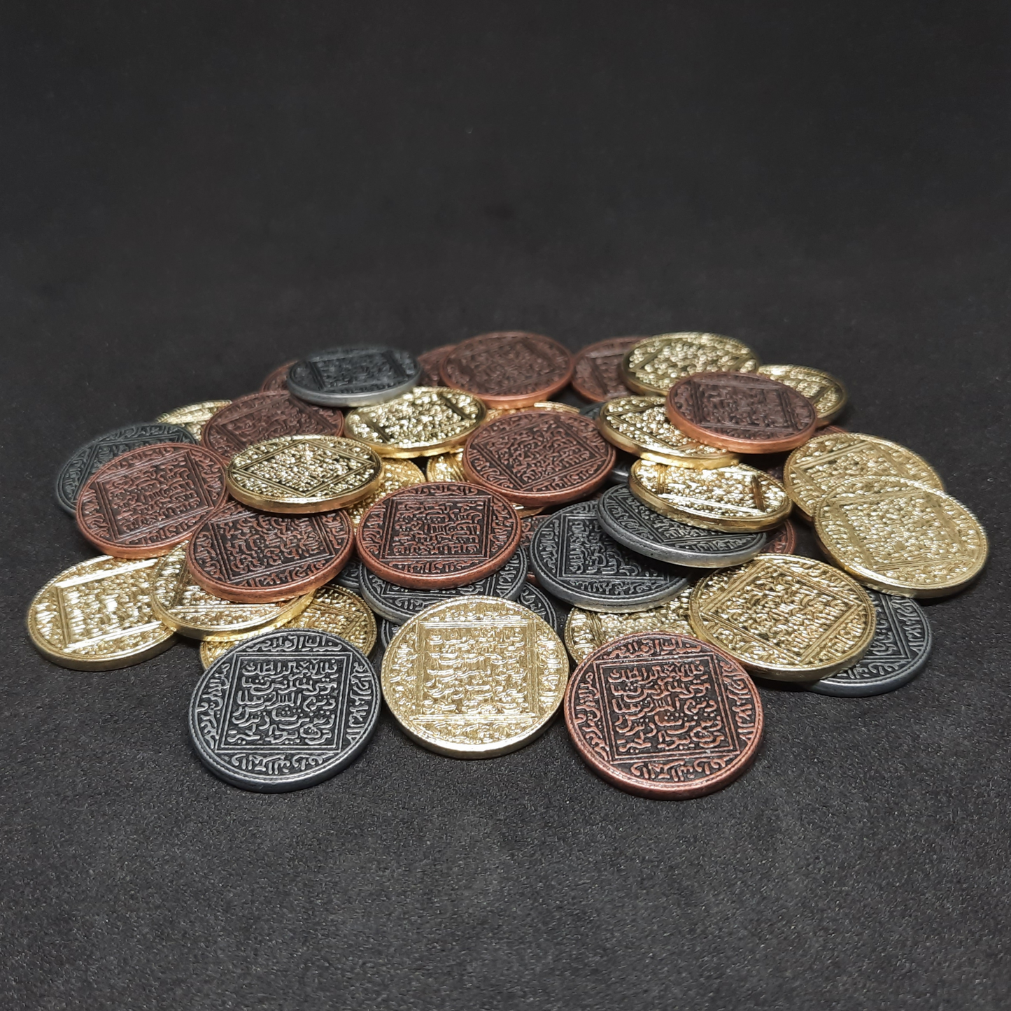 Set of arabic bronze, silver and gold metal coins for board games, 22mm