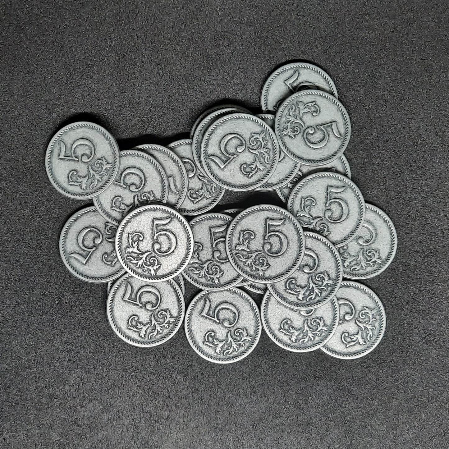 Silver metal coins of value 5 for board games, 25mm