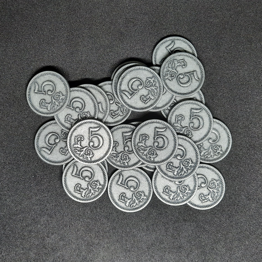 Silver metal coins of value 5 for board games, 25mm