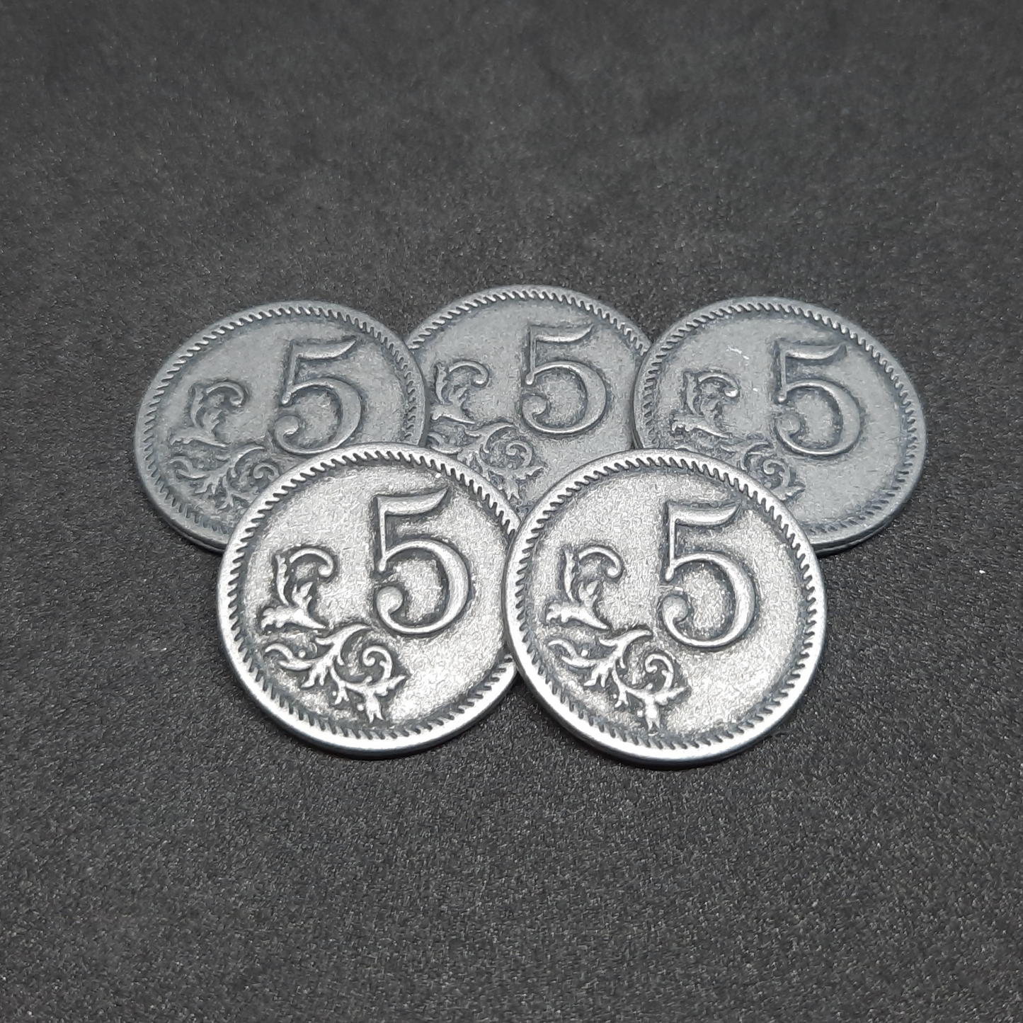 Silver metal coins of value 5 for board games, 25mm