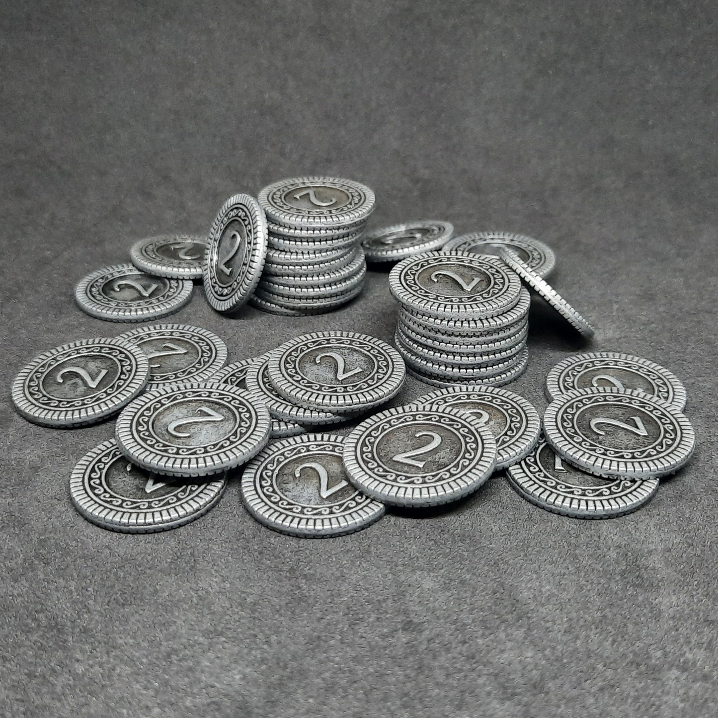 Silver coins, 22mm, of value 2 for board games, role playing games or magic theme party