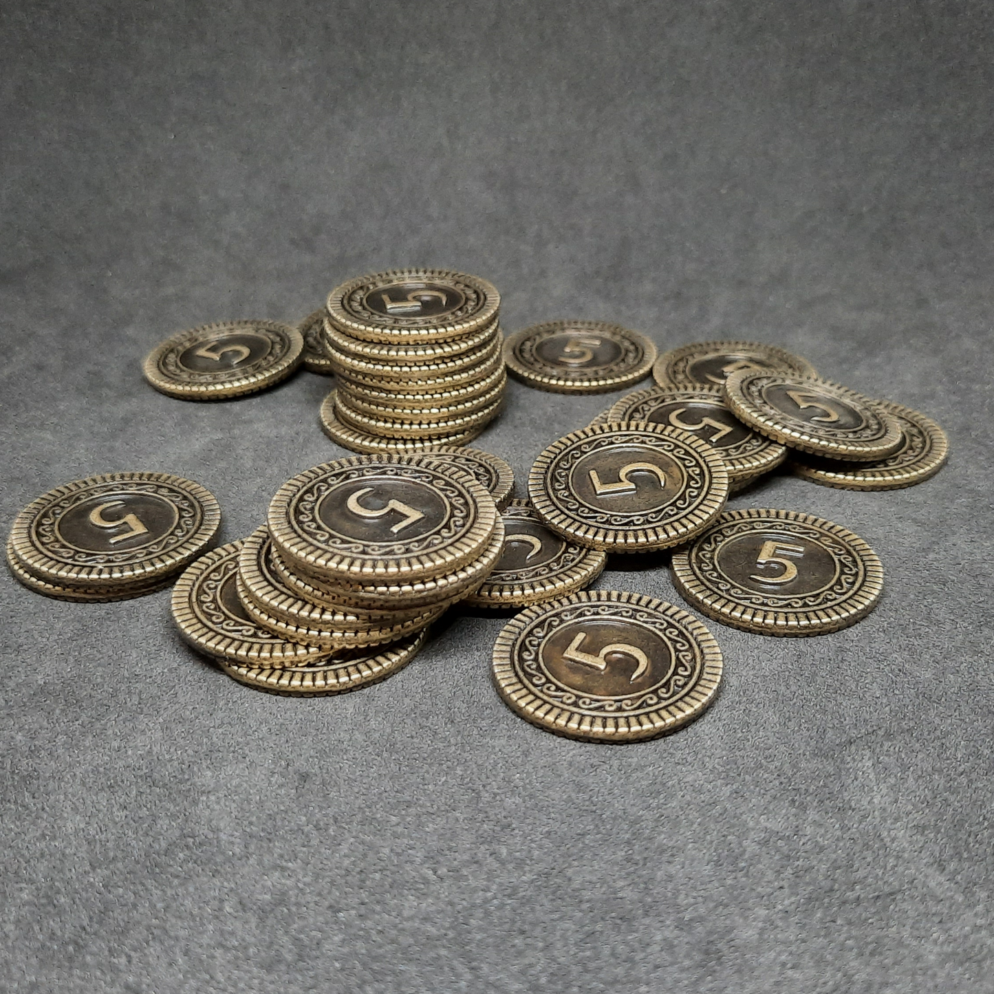 Antique gold coins, 25mm, of value 5 for board games, role playing games or magic theme party