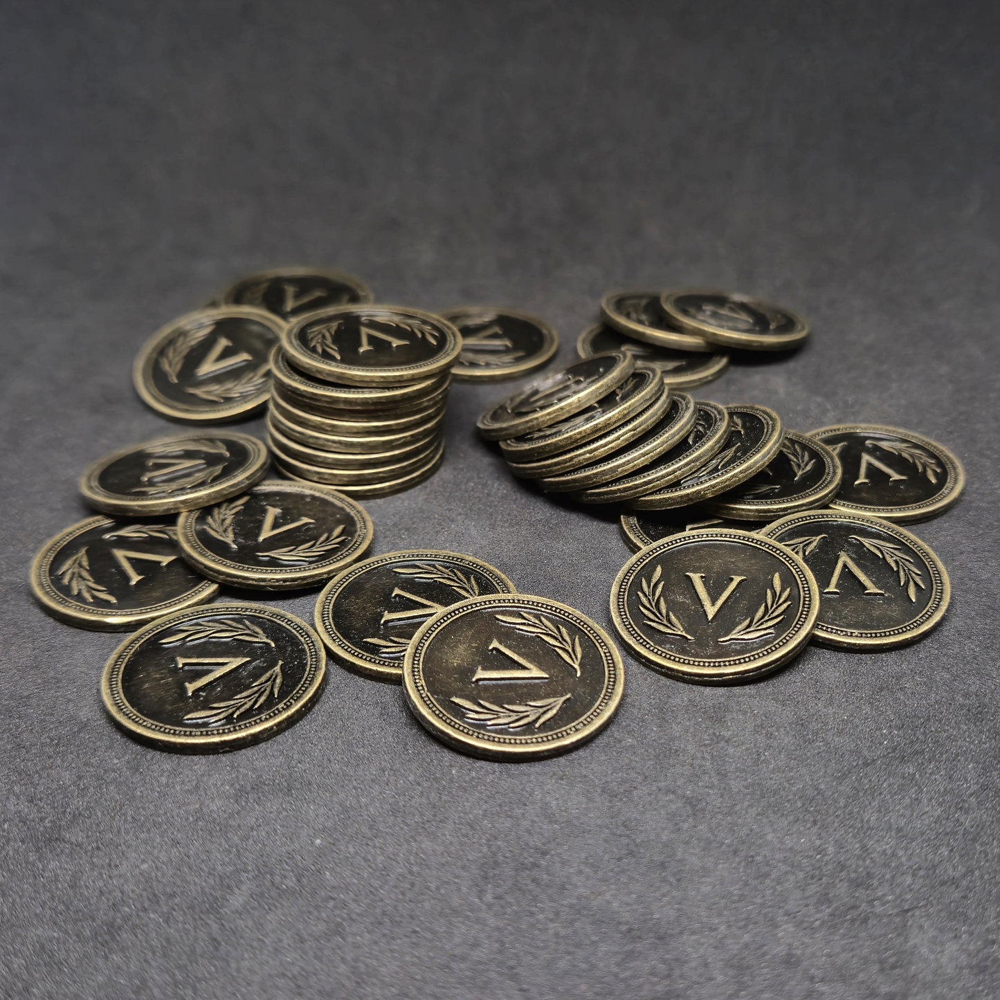 Antique gold roman metal coins of value 5 for board games, 25mm