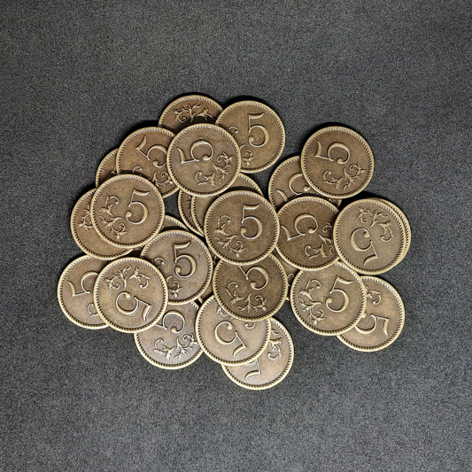 Antique gold metal coins of value 5 for board games, 25mm