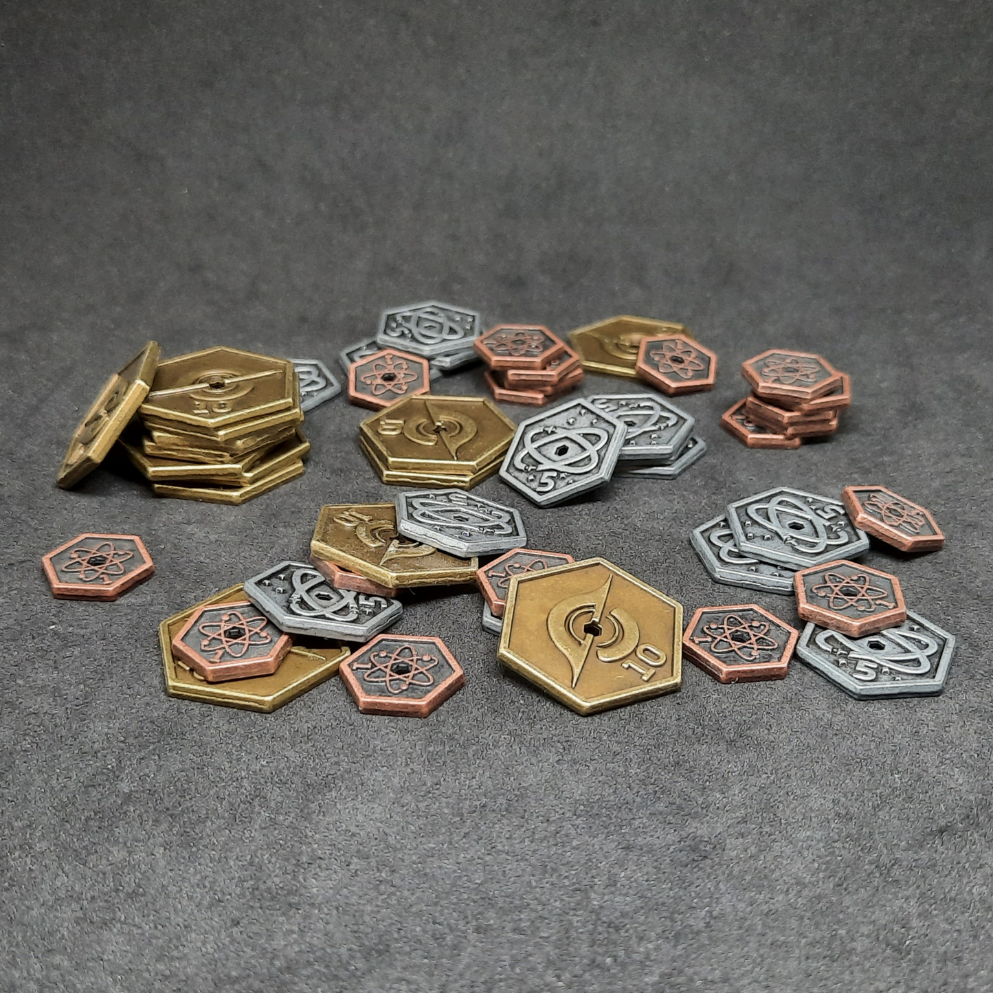 Set of hexagonal metal coins for Race for the Galaxy