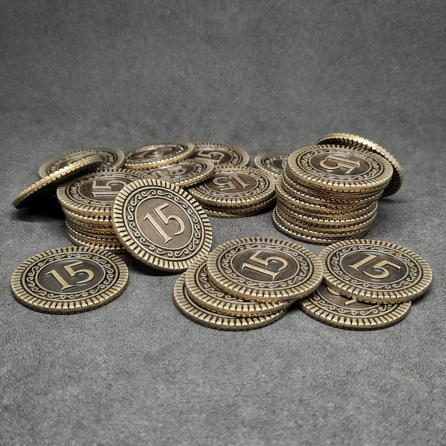 Antique gold coins, 30mm, of value 15 for board games, role playing games or magic theme party