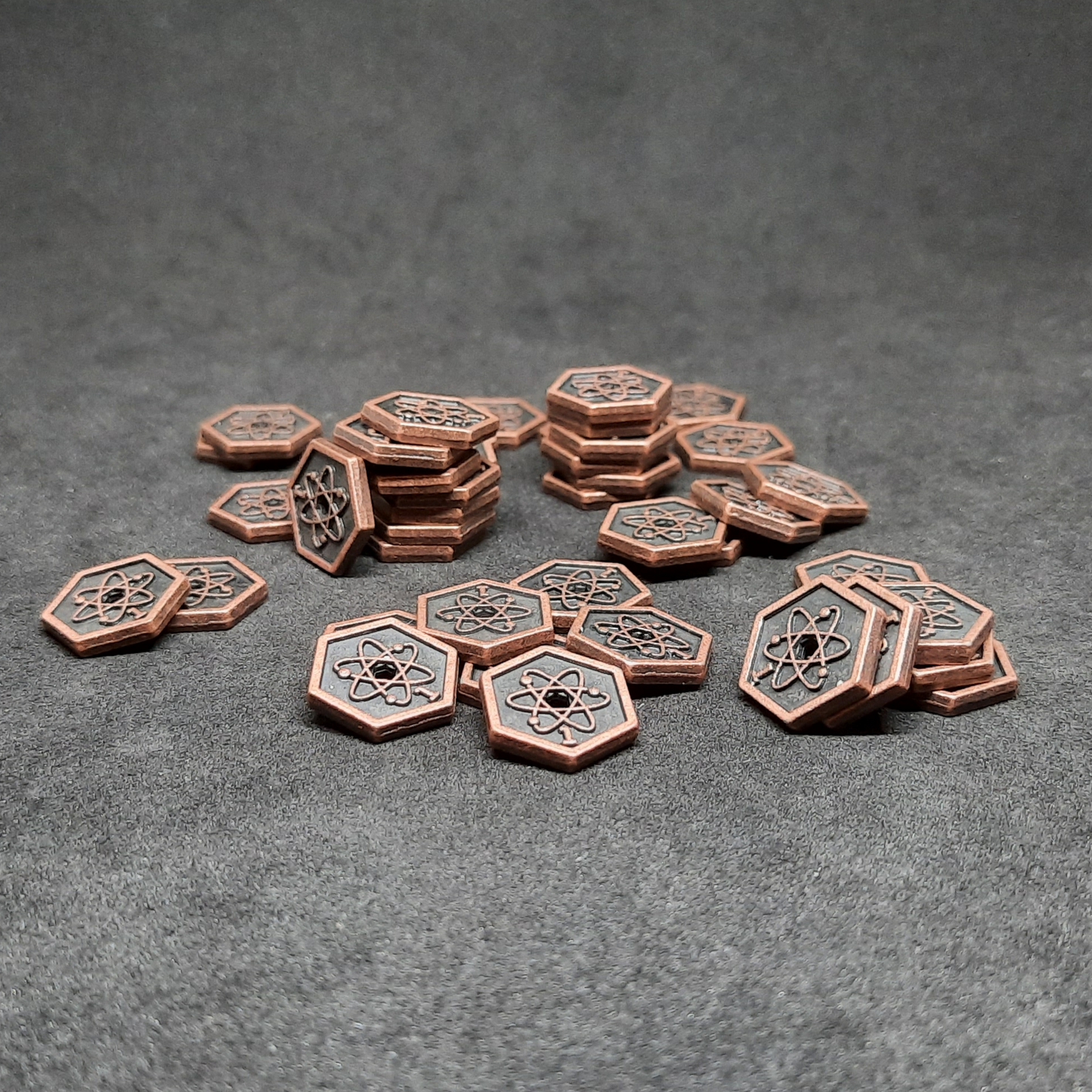 Bronze spatial metal coins of value 1 for board games, hexagonal shape