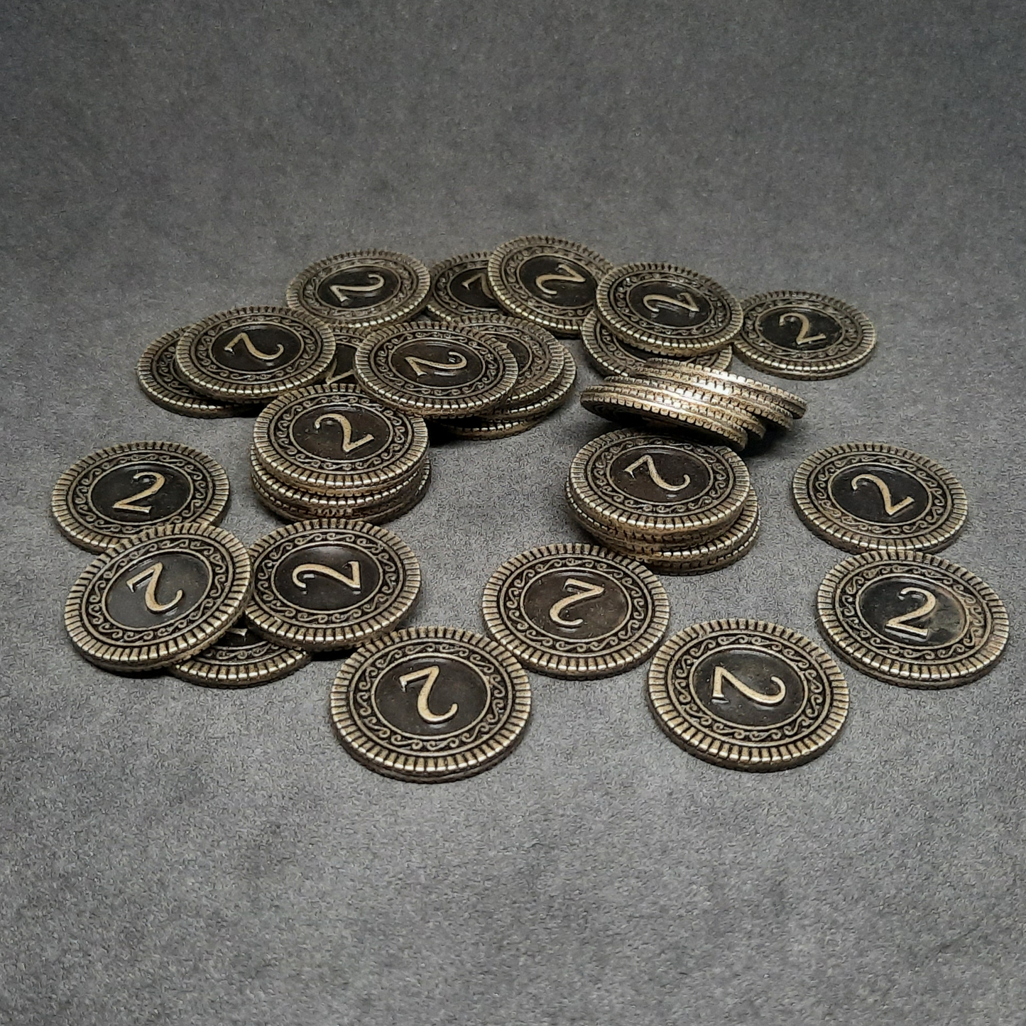 Antique gold coins, 22mm, of value 2 for board games, role playing games or magic theme party