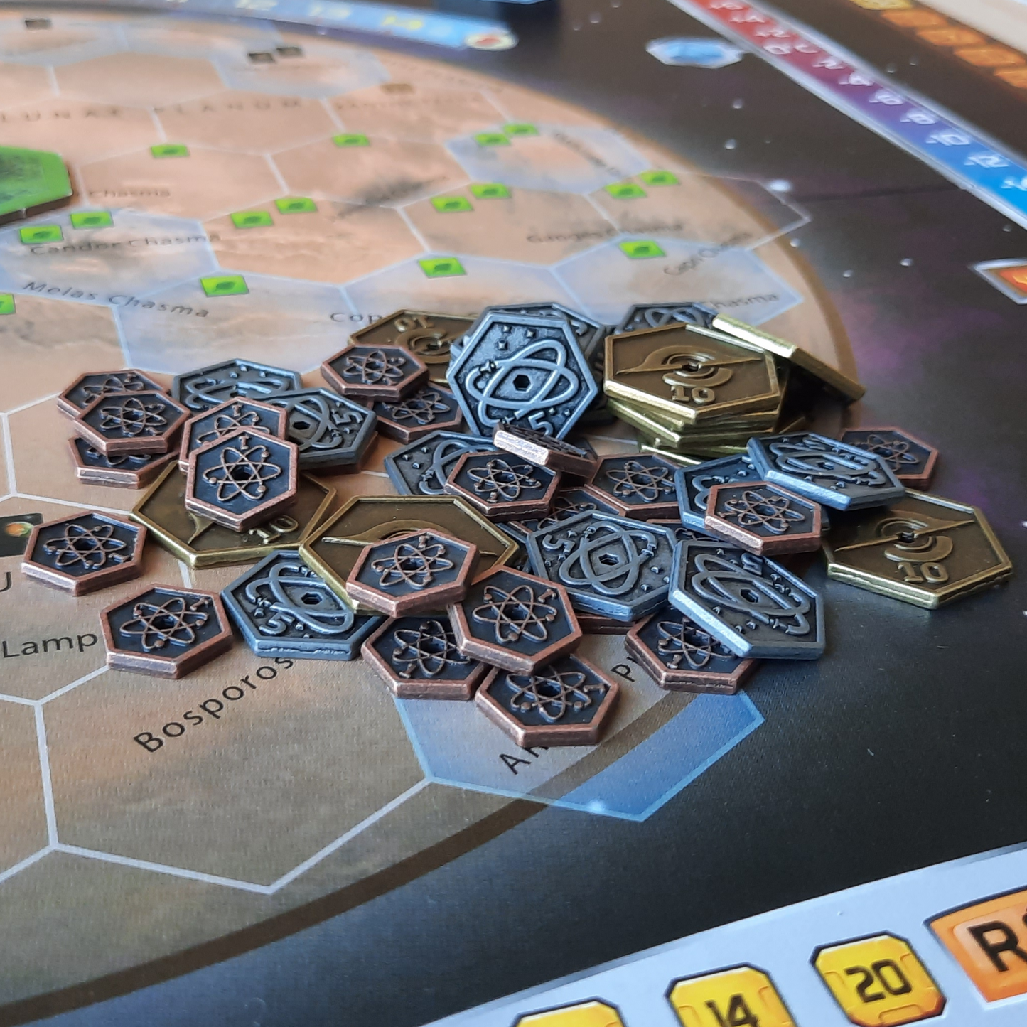 Set of hexagonal metal coins for Terraforming Mars