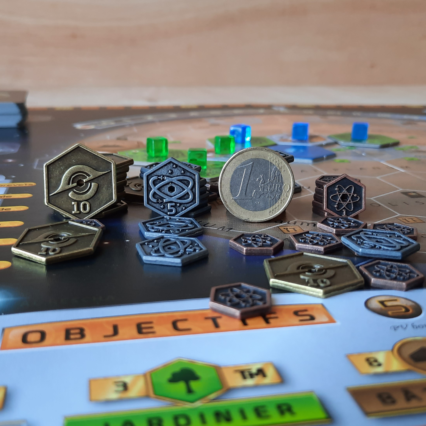 Set of hexagonal metal coins for Terraforming Mars