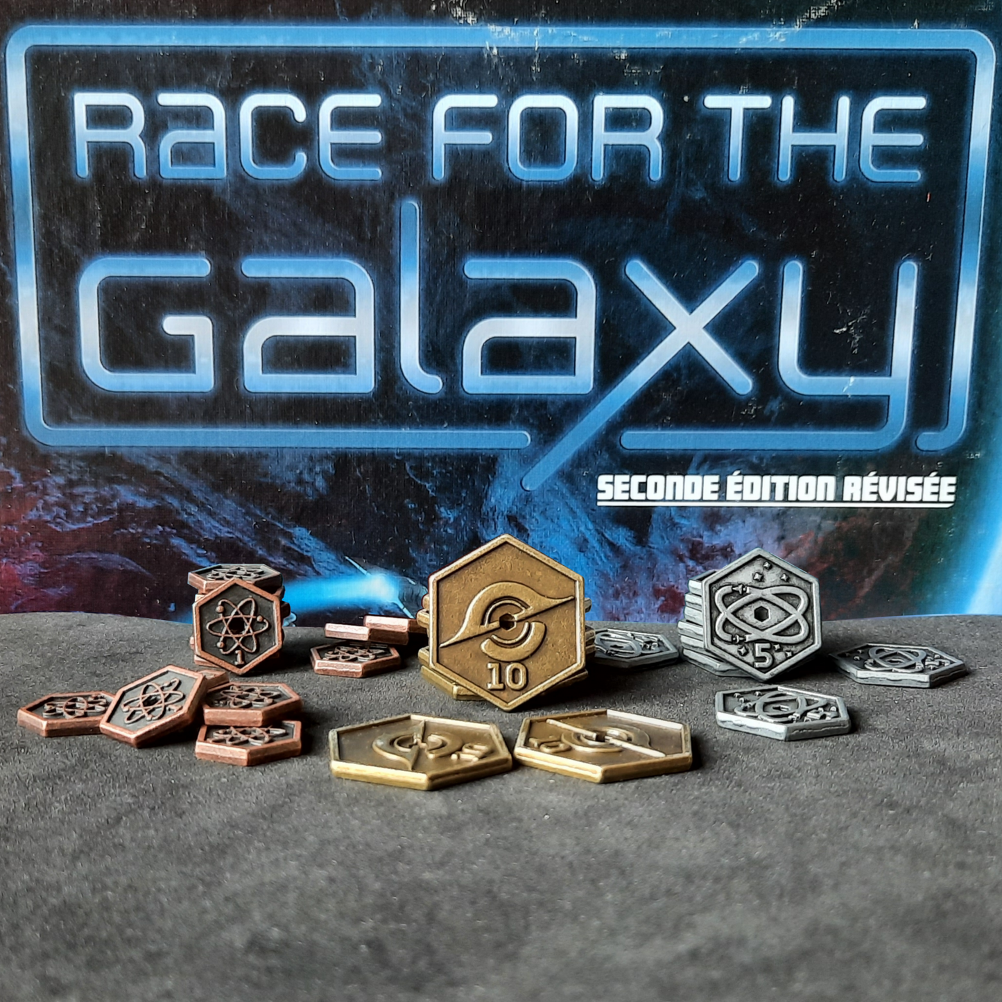 Set of hexagonal metal coins for Race for the Galaxy