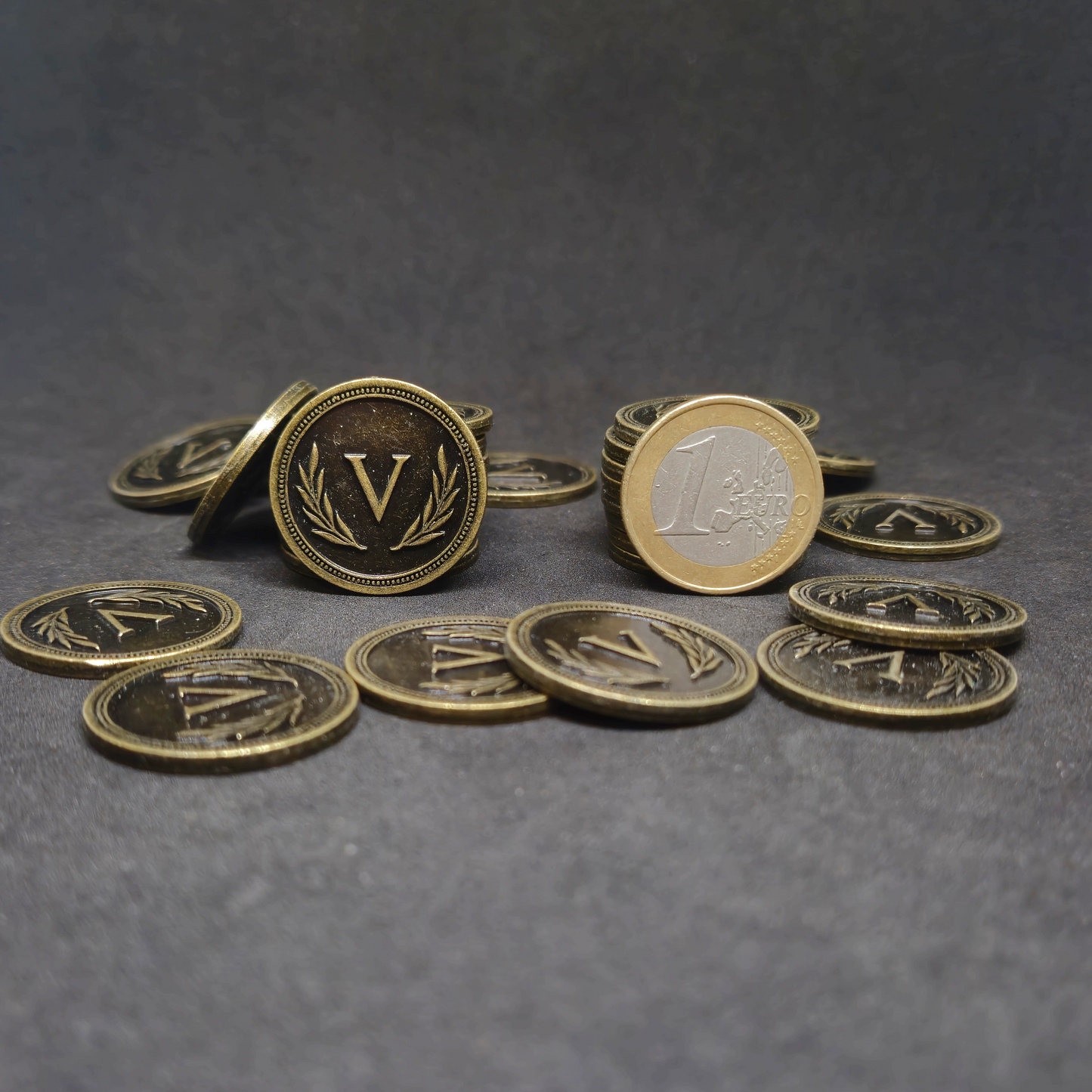 Antique gold roman metal coins of value 5 for board games, 25mm