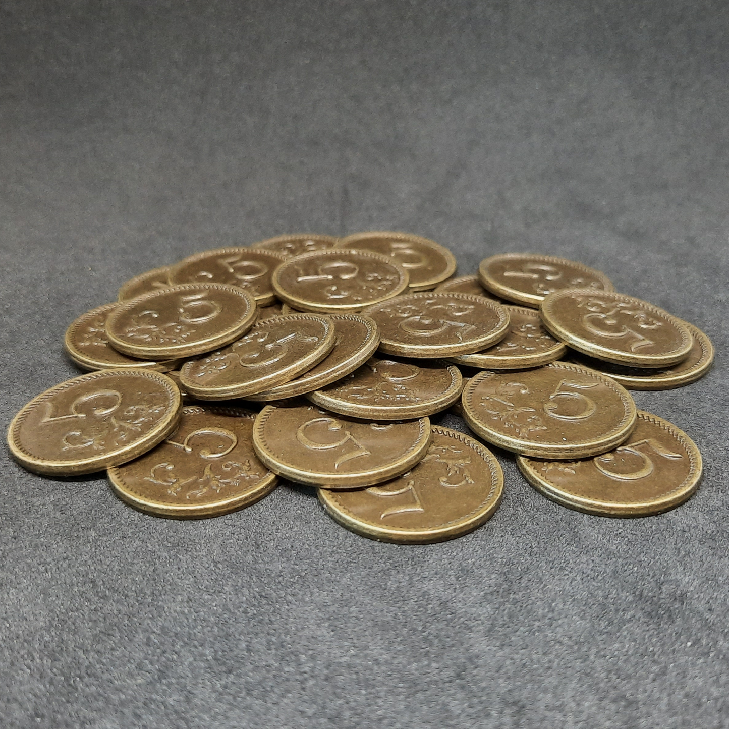 Antique gold metal coins of value 5 for board games, 25mm