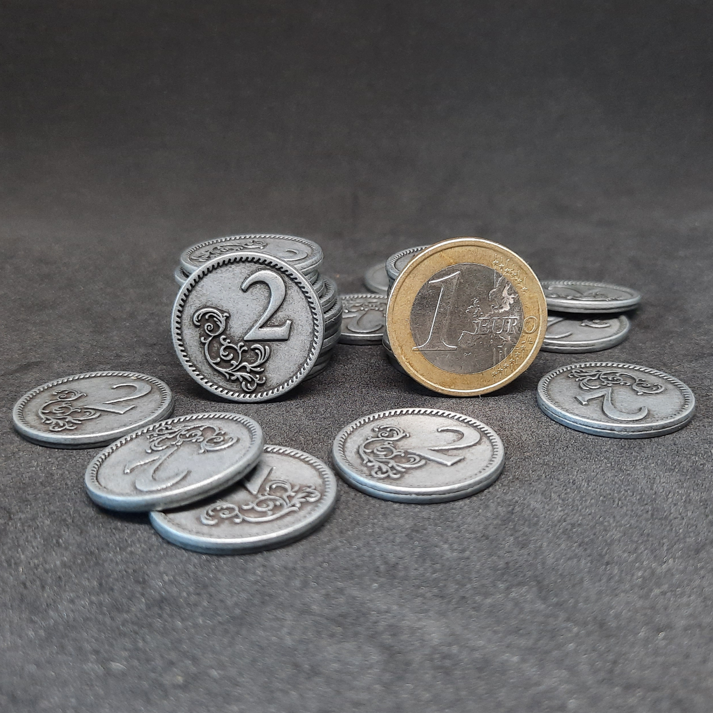 Silver metal coins of value 2 for board games, 22mm