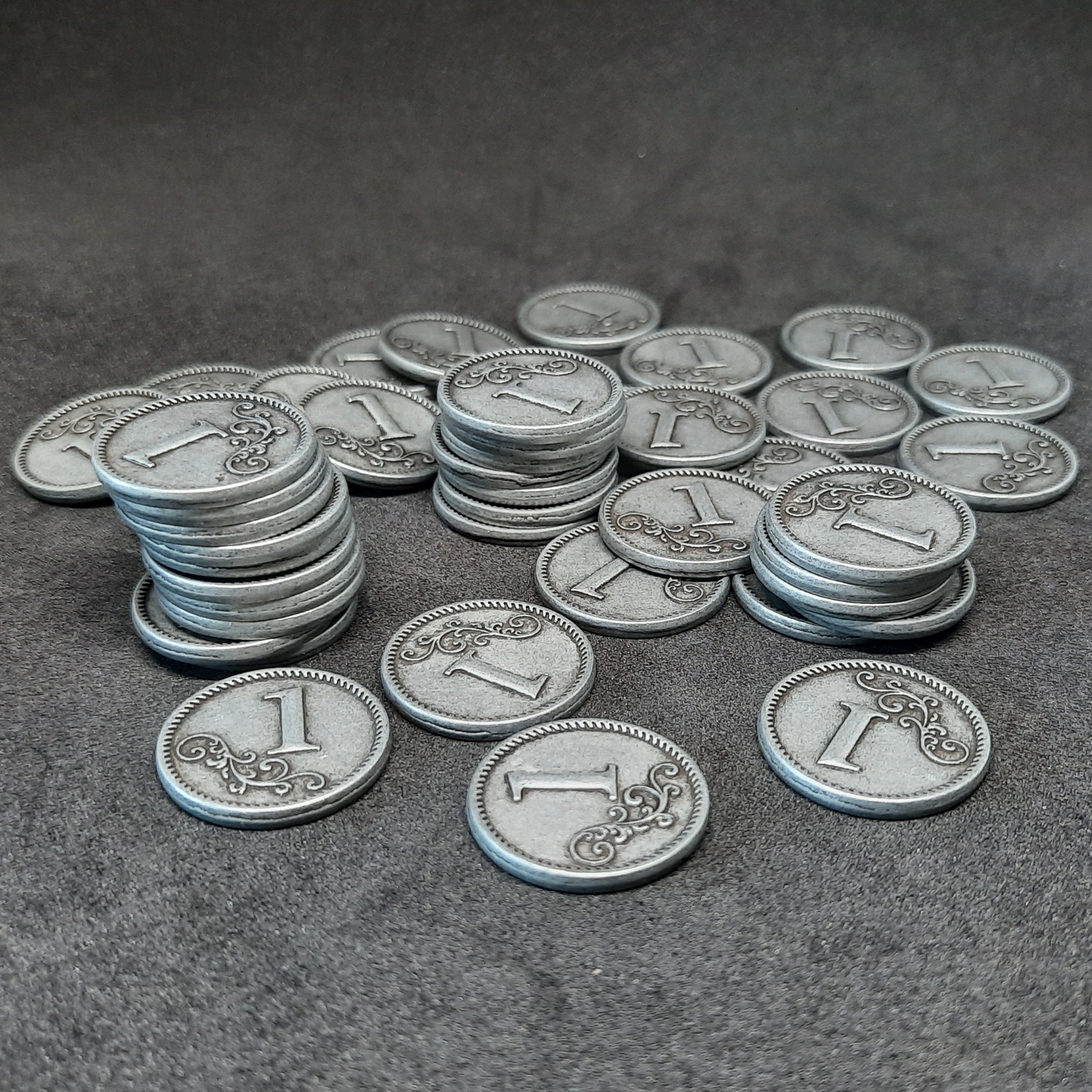 Silver metal coins of value 1 for board games, 20mm