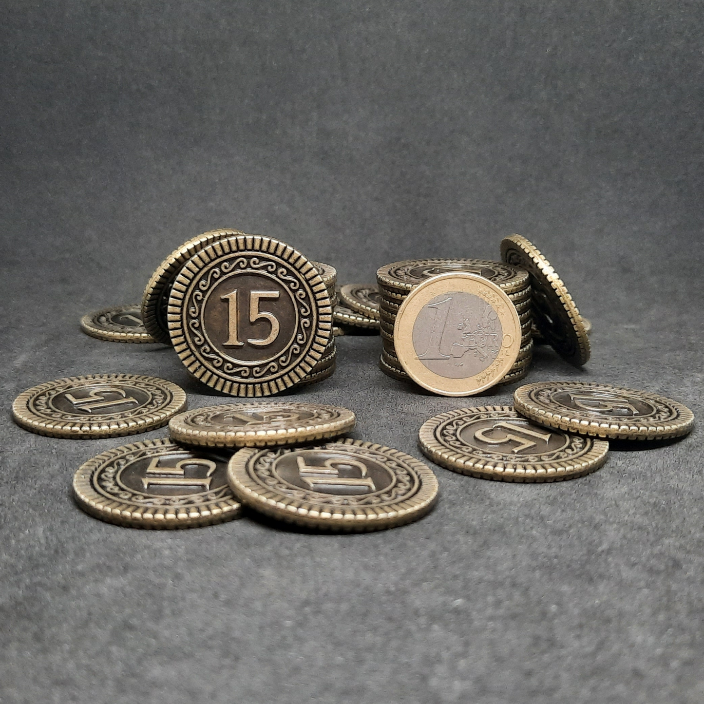 Antique gold coins, 30mm, of value 15 for board games, role playing games or magic theme party