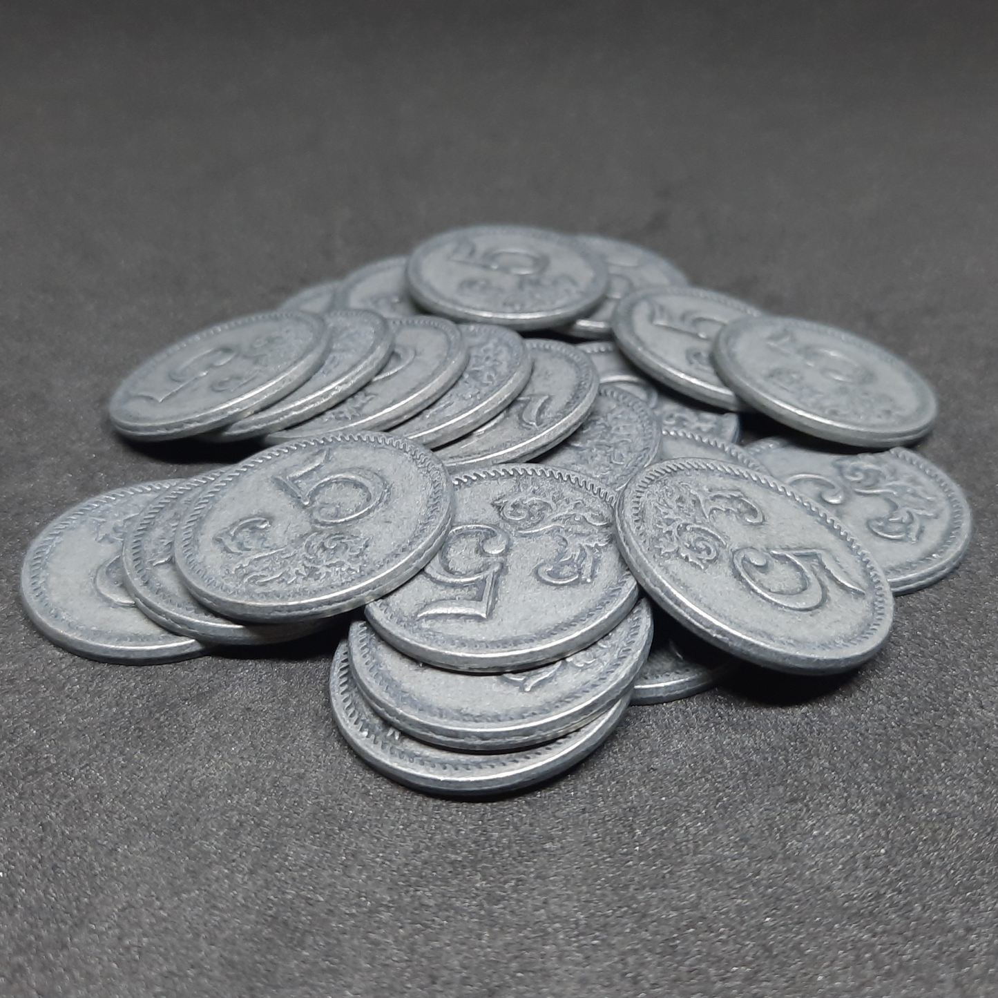 Silver metal coins of value 5 for board games, 25mm