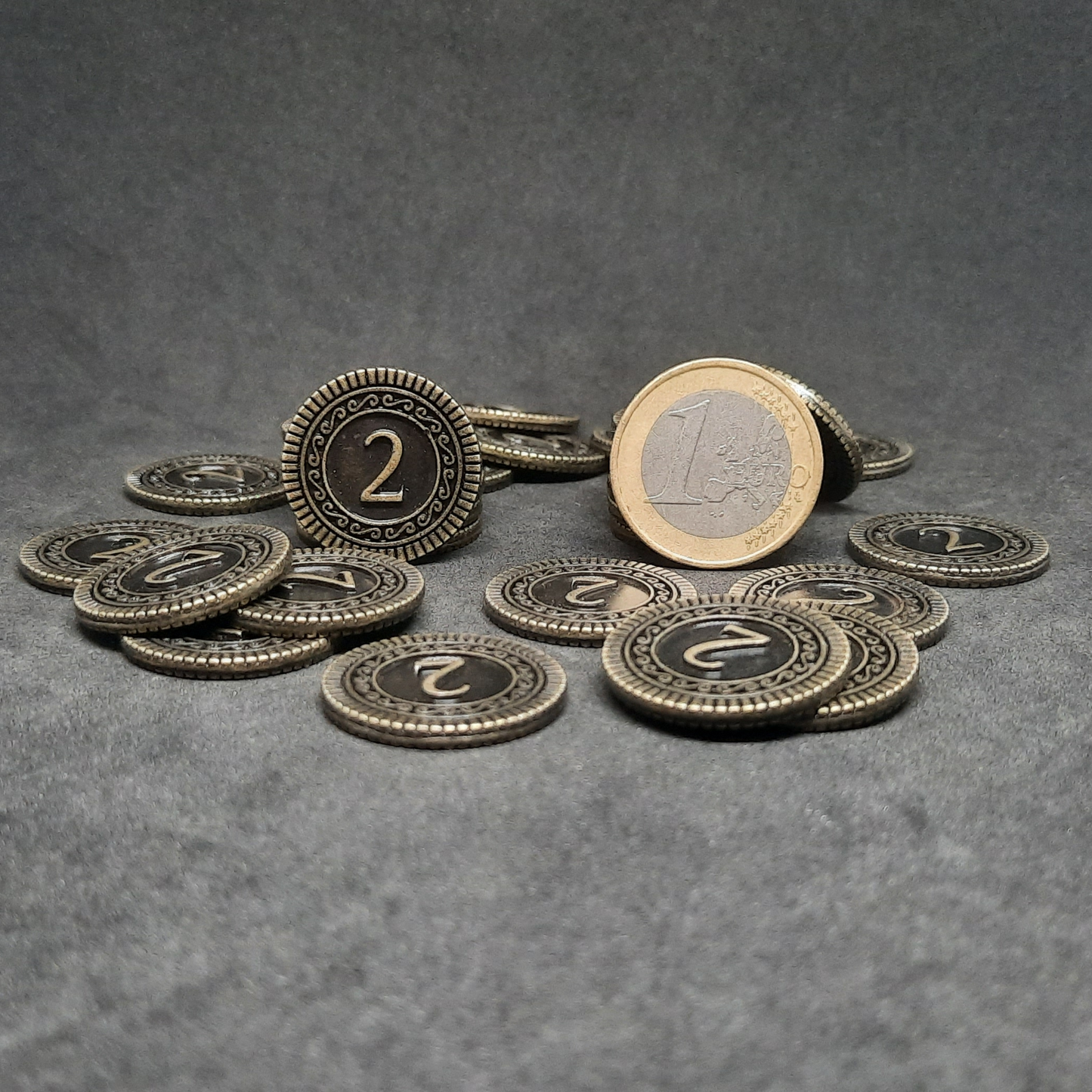 Antique gold coins, 22mm, of value 2 for board games, role playing games or magic theme party