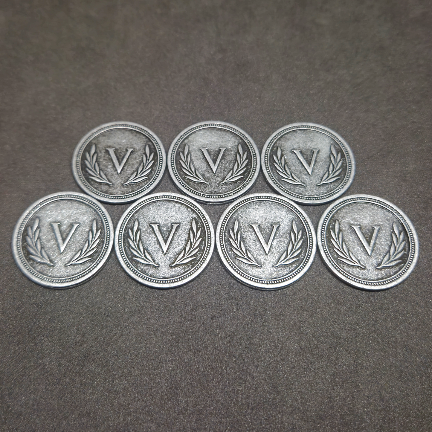 Silver roman metal coins of value 5 for board games, 25mm