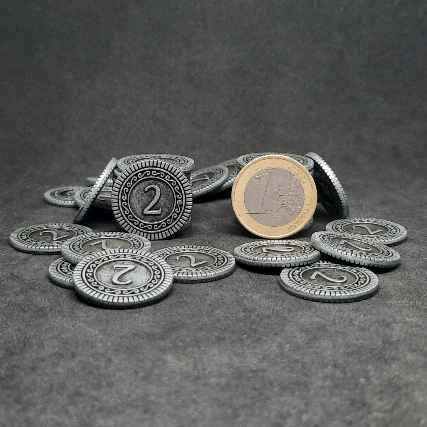 Silver coins, 22mm, of value 2 for board games, role playing games or magic theme party