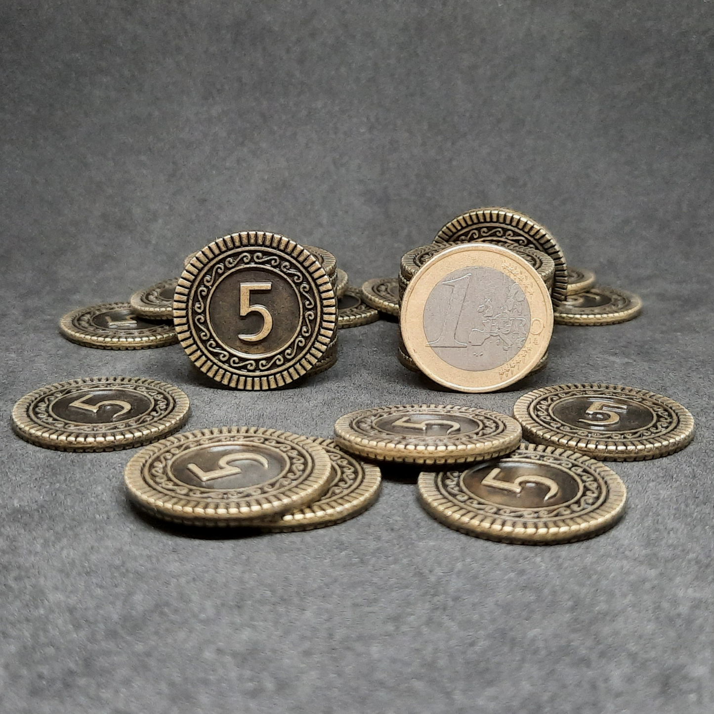 Antique gold coins, 25mm, of value 5 for board games, role playing games or magic theme party