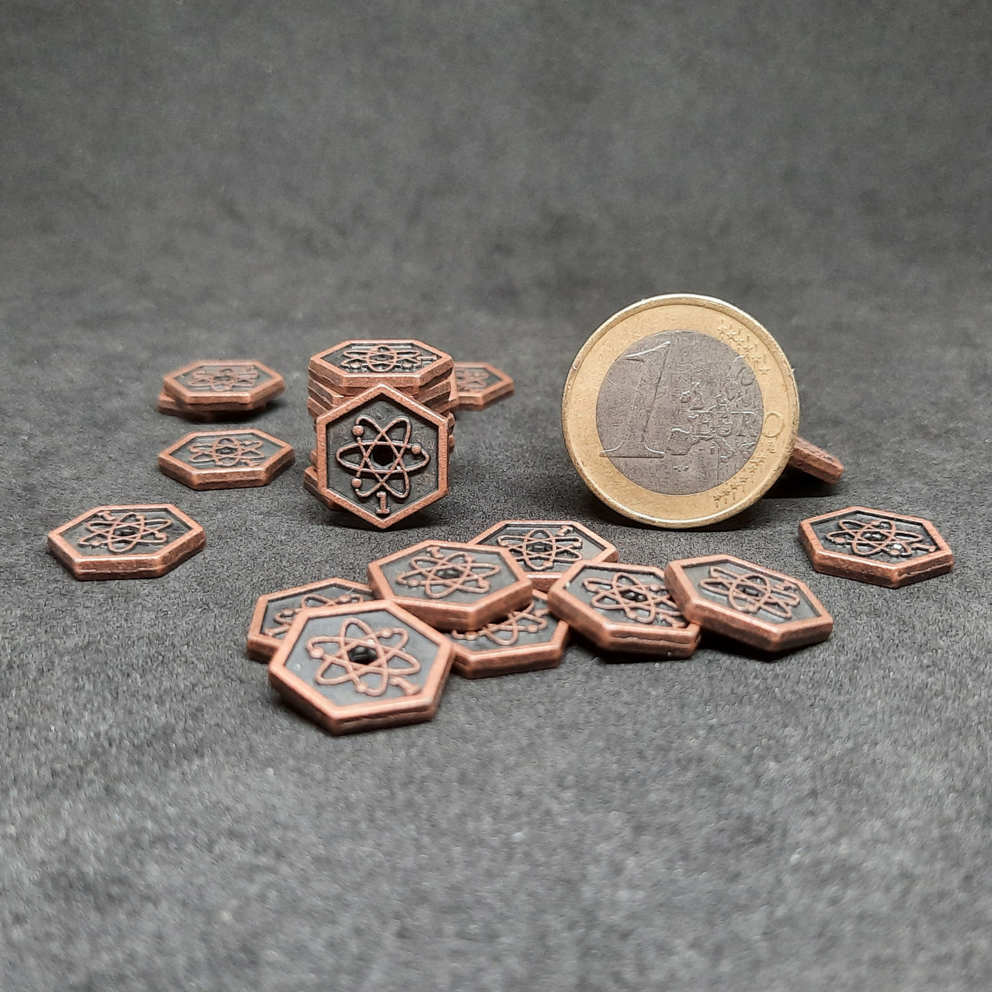 Bronze spatial metal coins of value 1 for board games, hexagonal shape