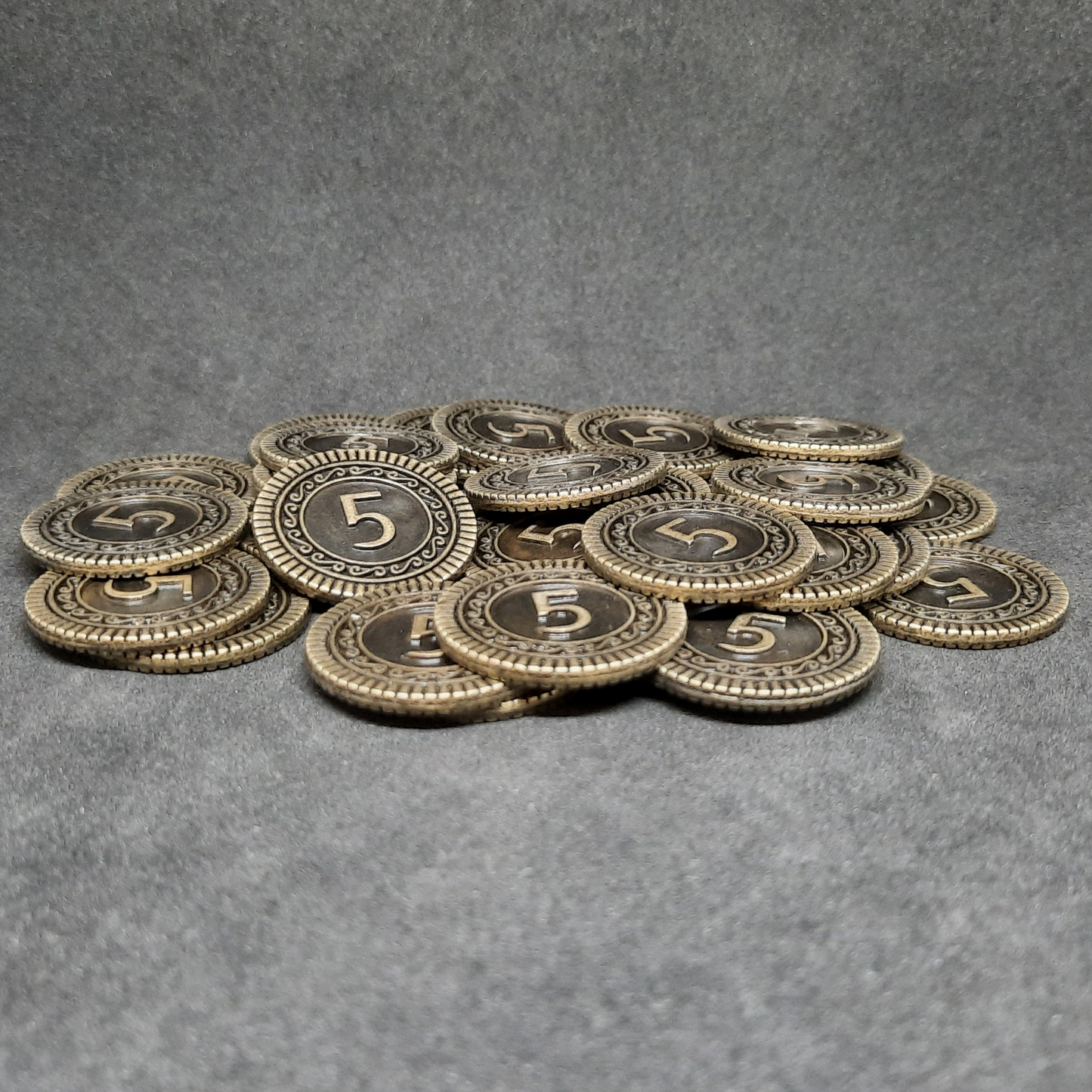 Antique gold coins, 25mm, of value 5 for board games, role playing games or magic theme party