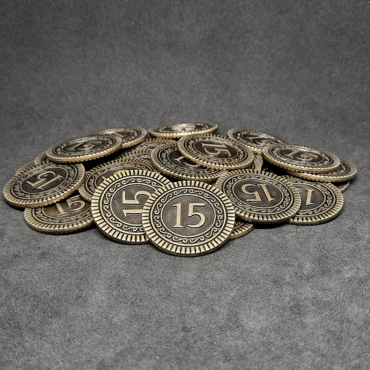 Antique gold coins, 30mm, of value 15 for board games, role playing games or magic theme party