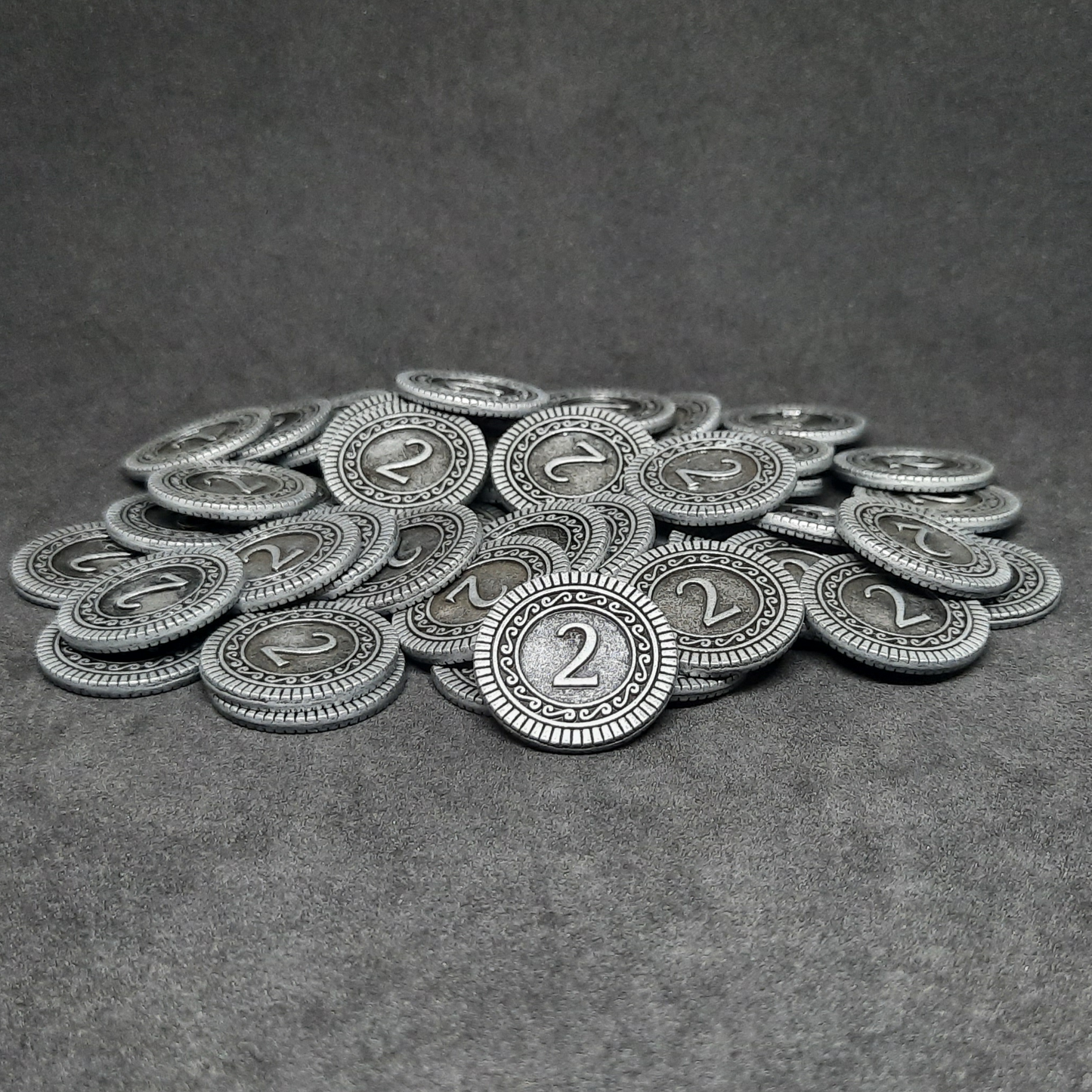 Silver coins, 22mm, of value 2 for board games, role playing games or magic theme party