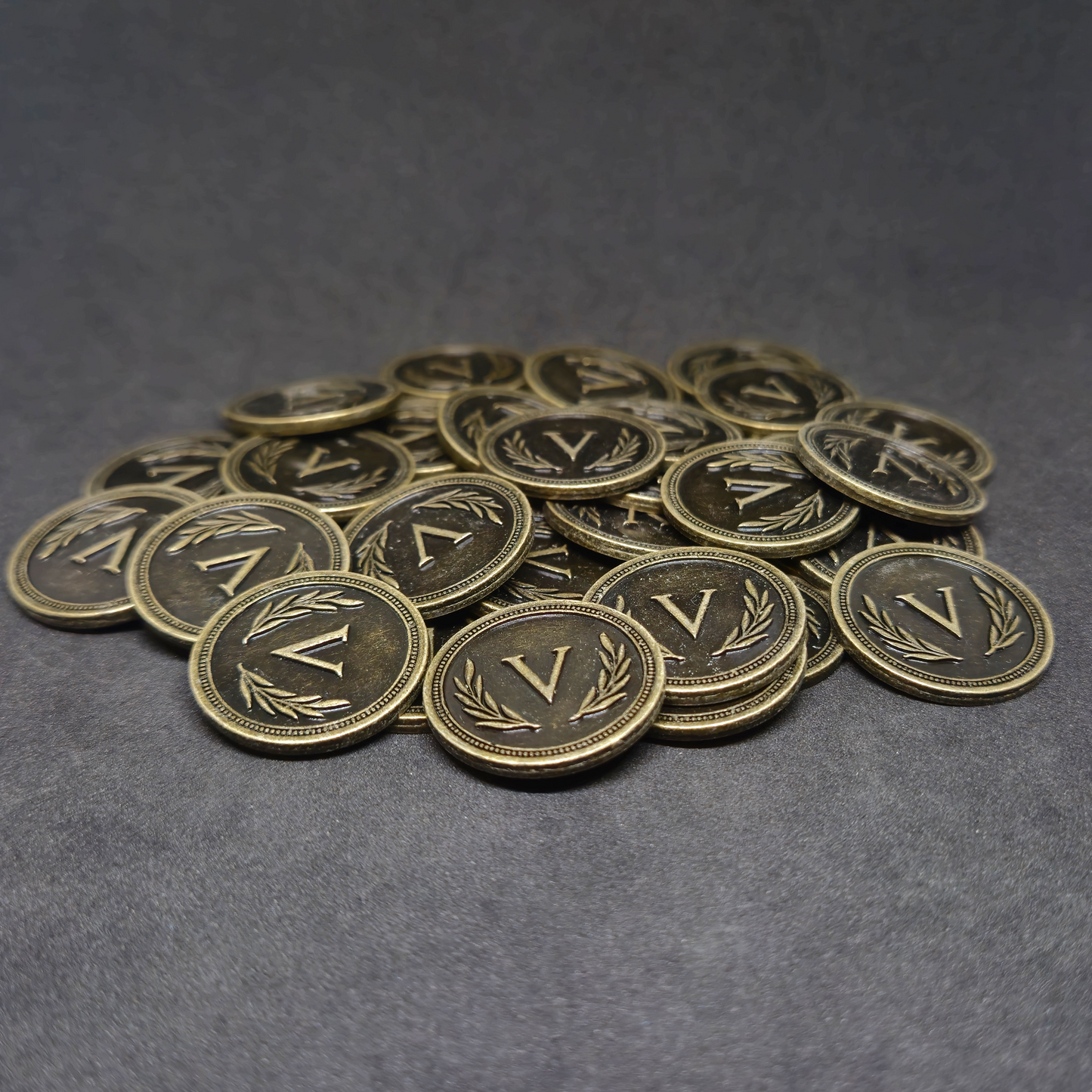 Antique gold roman metal coins of value 5 for board games, 25mm