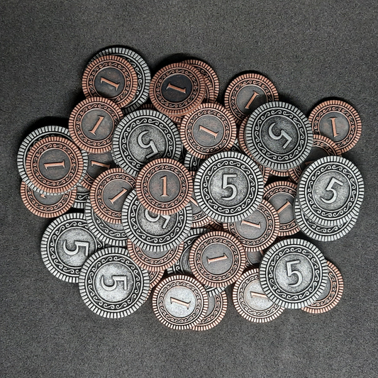 Set of bronze and silver metal coins of value 1 and 5 for board games