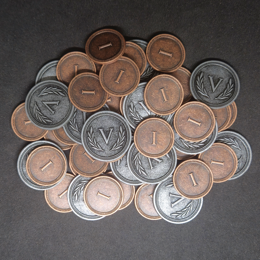 Ensemble de pièces romaines en métal couleur bronze et argent de valeur 1 et 5 pour jeux de société