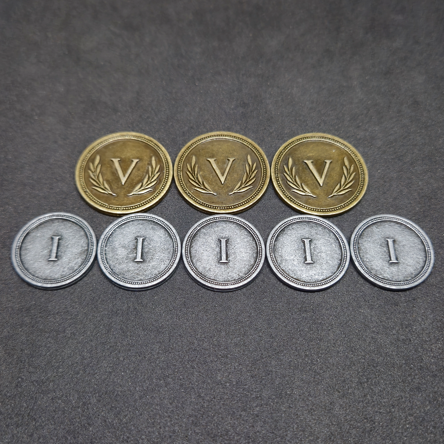 Ensemble de pièces romaines en métal couleur argent et or de valeur 1 et 5 pour jeux de société