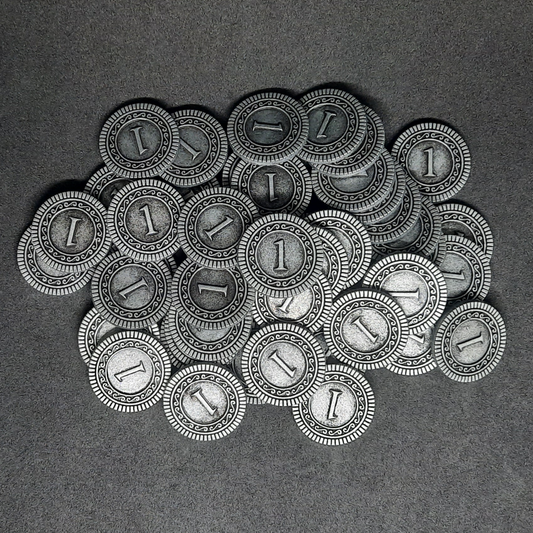 Silver coins, 20mm, of value 1 for board games, role playing games or magic theme party