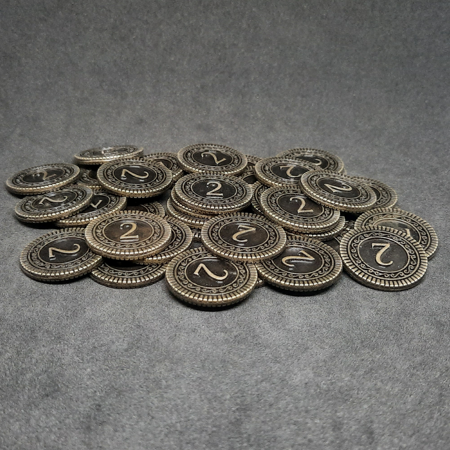 Antique gold coins, 22mm, of value 2 for board games, role playing games or magic theme party