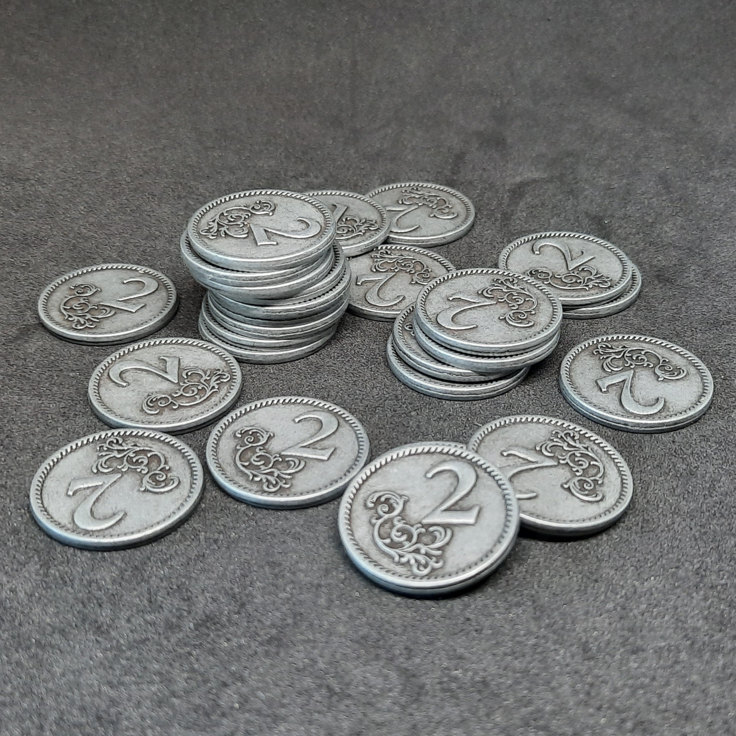 Silver metal coins of value 2 for board games, 22mm