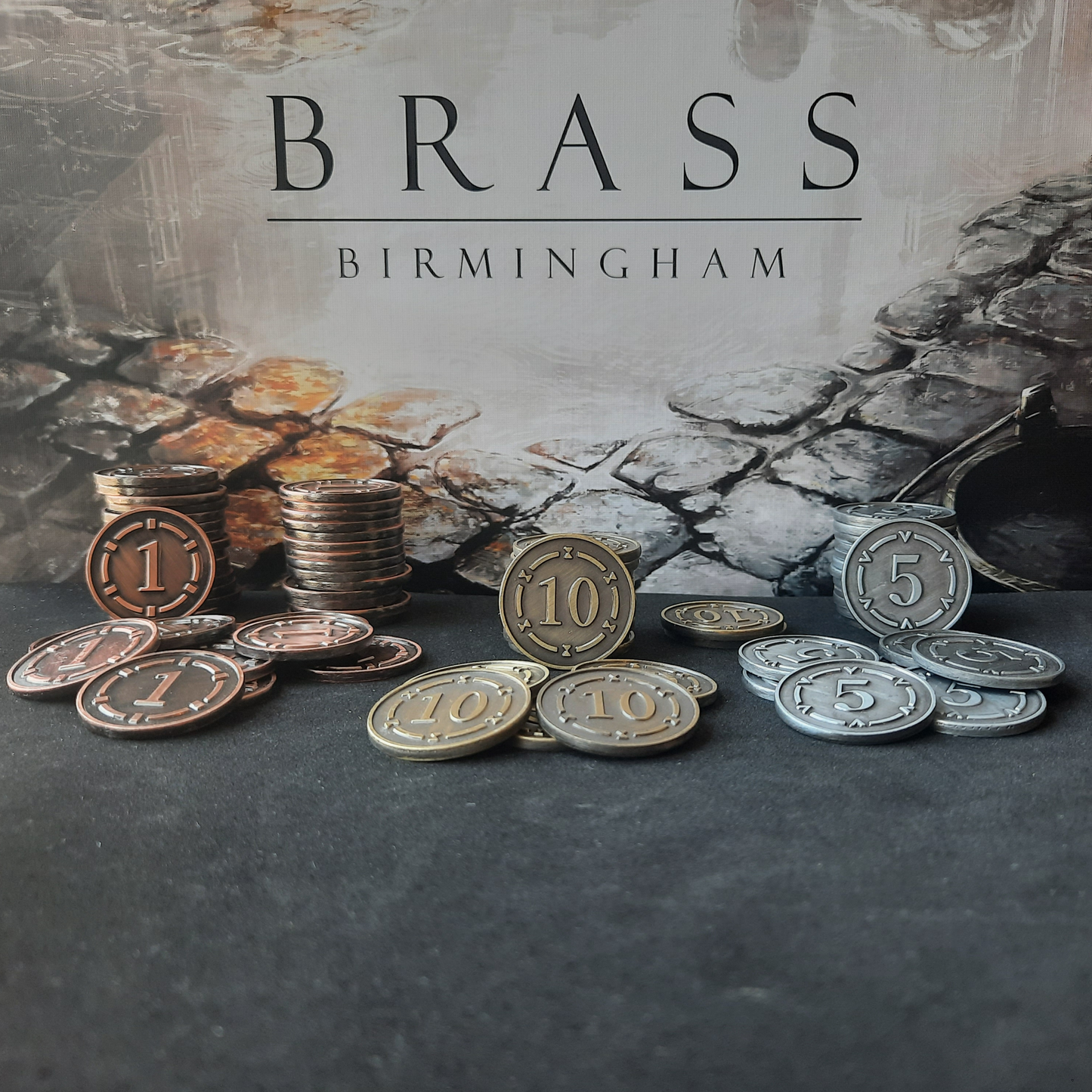 Set of 80 plated metal coins for Brass Birmingham or Brass Lancashire, 25mm