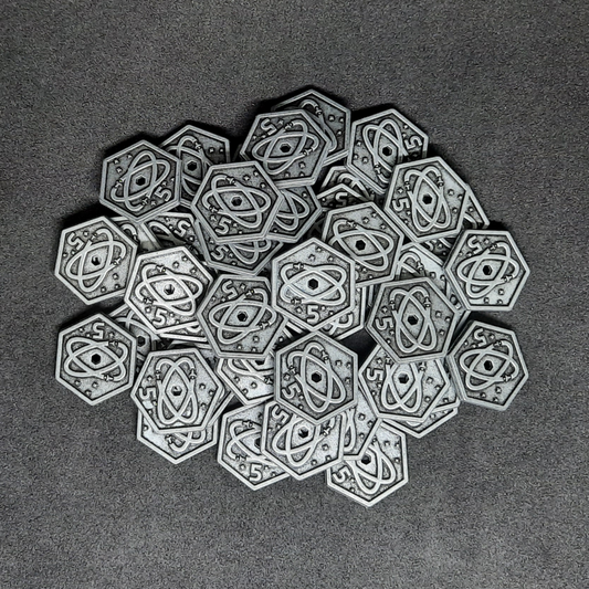 Silver spatial metal coins of value 5 for board games, hexagonal shape