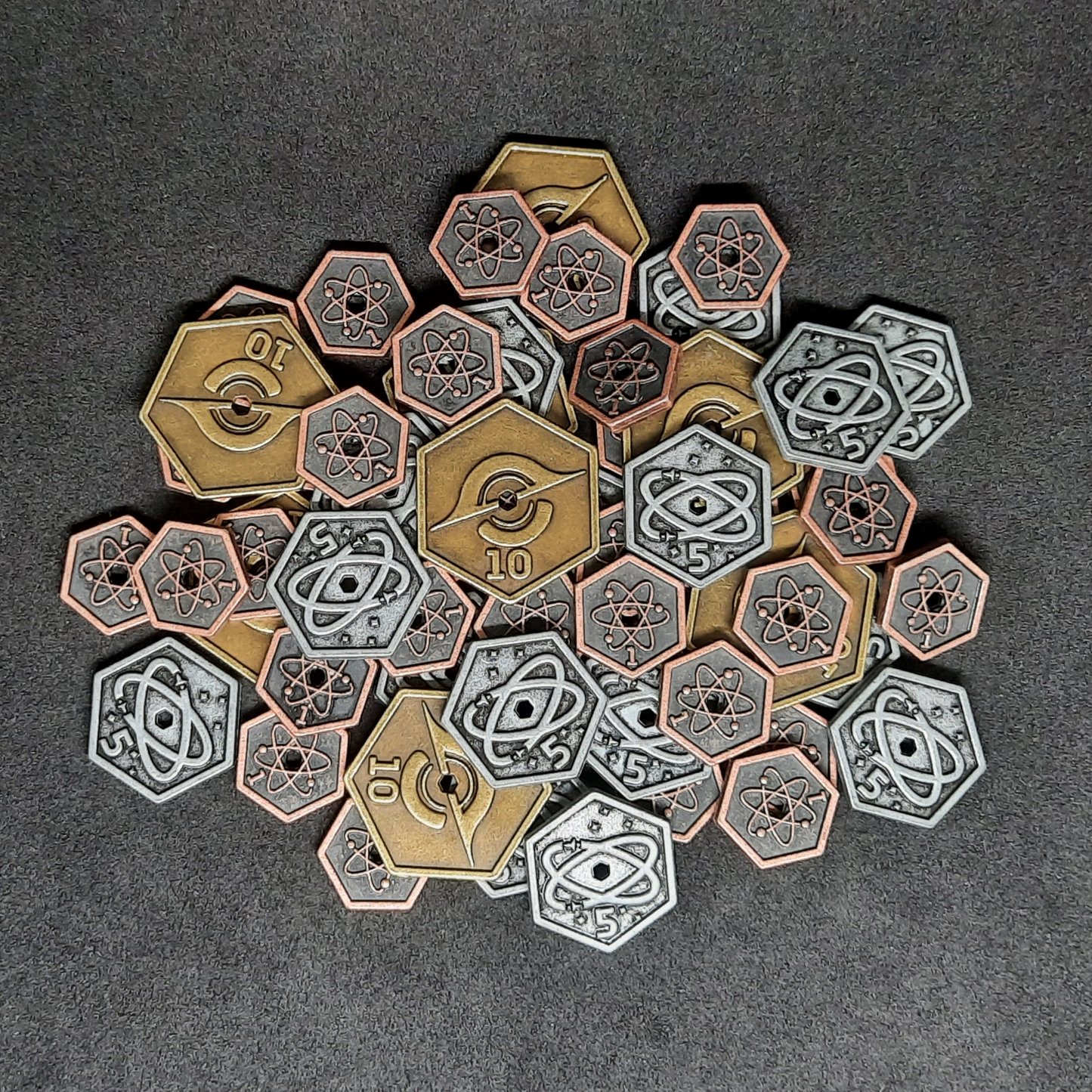 Set of hexagonal metal coins for Race for the Galaxy