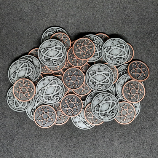 Set of spatial metal coins of value 1 and 5 for board games