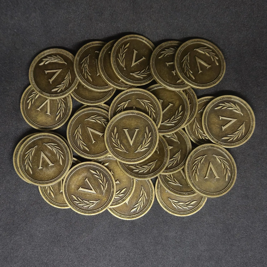 Gold roman metal coins of value 5 for board games, 25mm