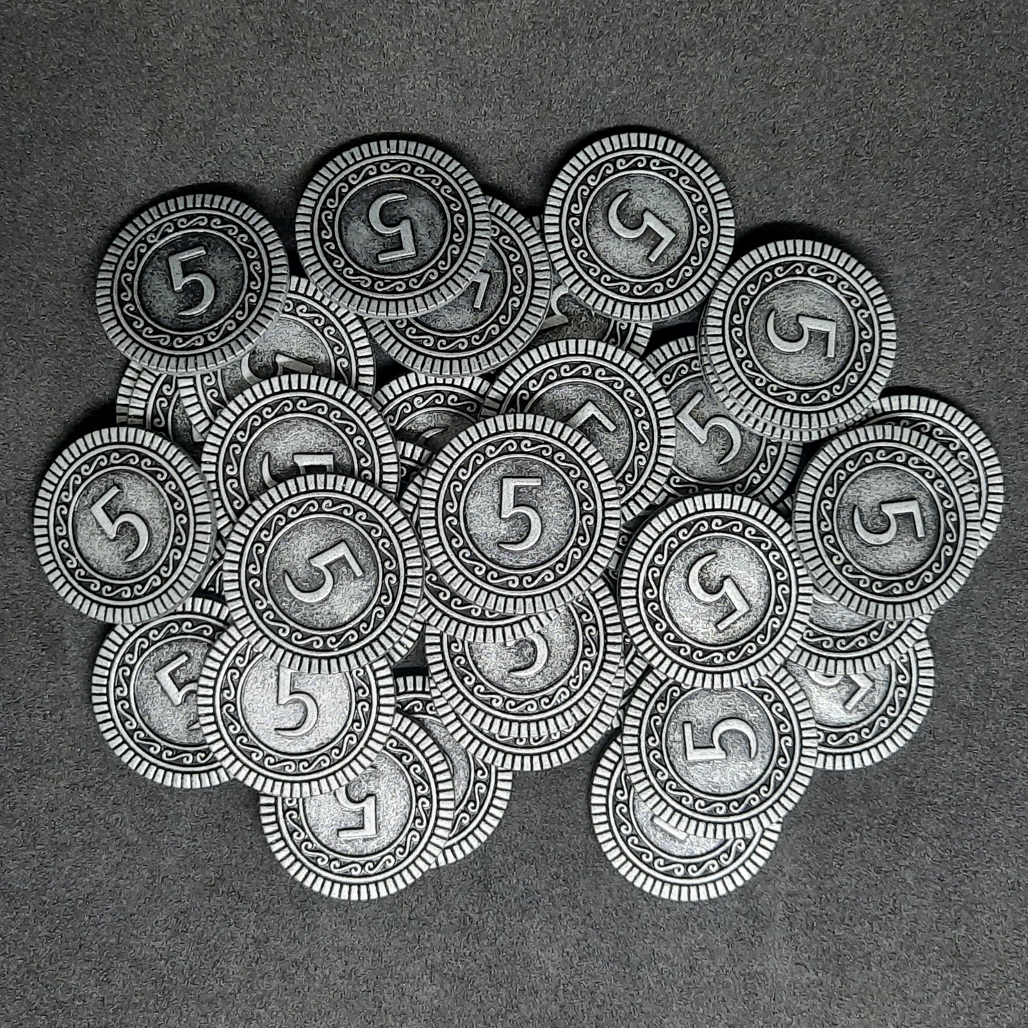 Silver coins, 25mm, of value 5 for board games, role playing games or magic theme party