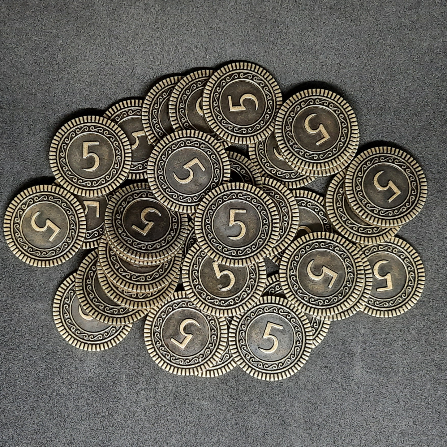 Pièces en métal, 25mm, de valeur 5 couleur or antique pour jeux de société, jeux de rôle ou thème magie