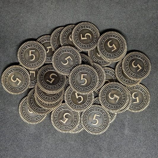 Antique gold coins, 25mm, of value 5 for board games, role playing games or magic theme party