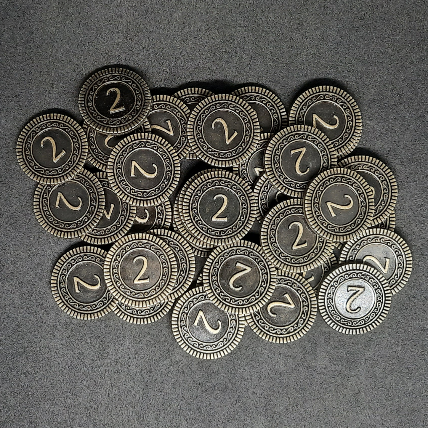 Antique gold coins, 22mm, of value 2 for board games, role playing games or magic theme party