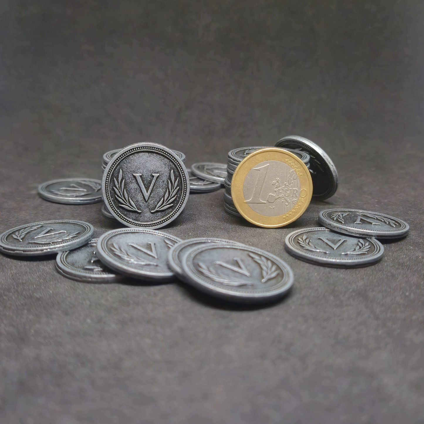 Silver roman metal coins of value 5 for board games, 25mm