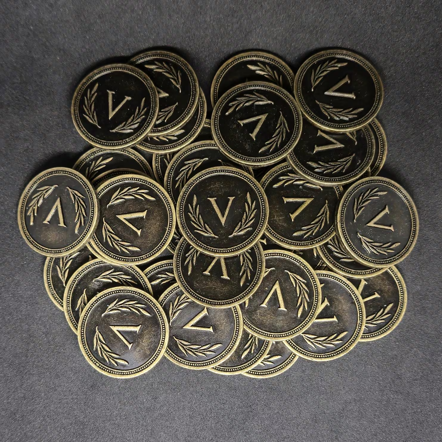 Antique gold roman metal coins of value 5 for board games, 25mm