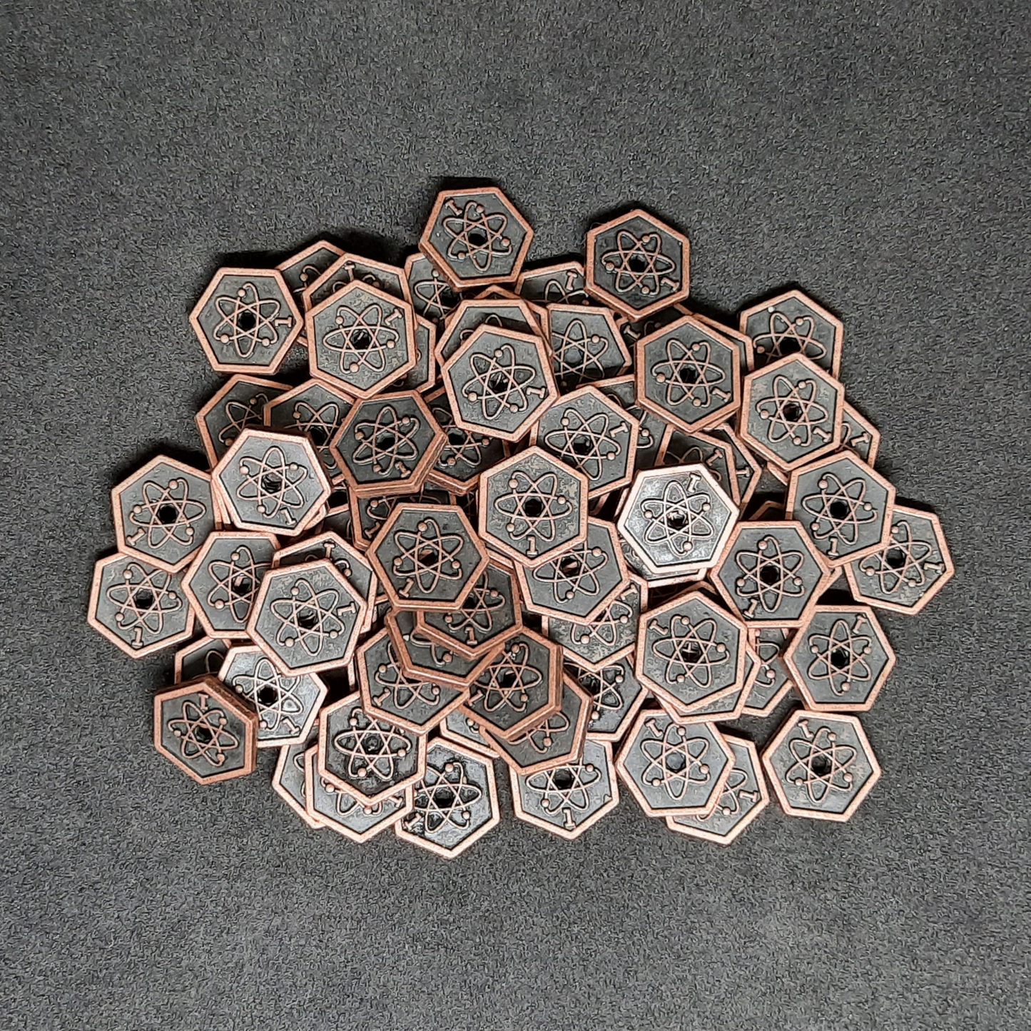 Bronze spatial metal coins of value 1 for board games, hexagonal shape