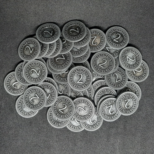 Silver coins, 22mm, of value 2 for board games, role playing games or magic theme party