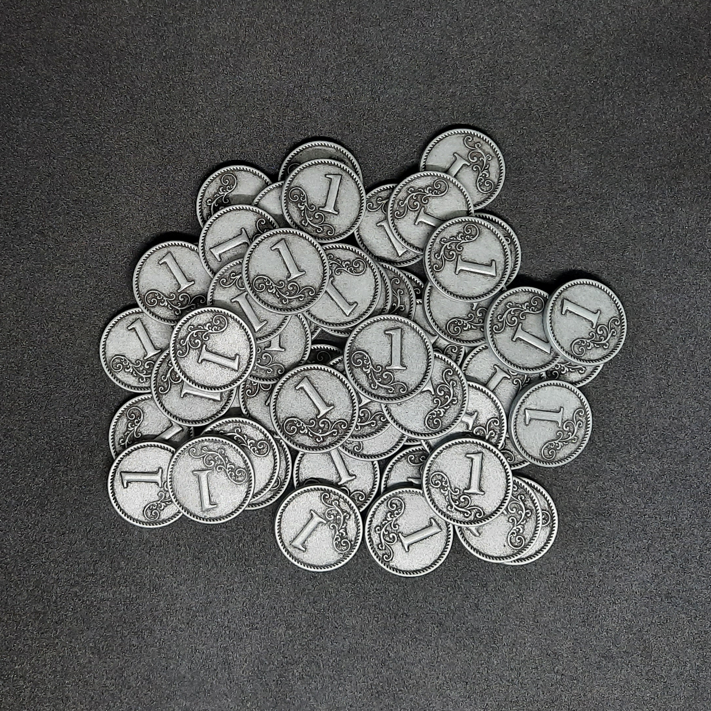 Silver metal coins of value 1 for board games, 20mm